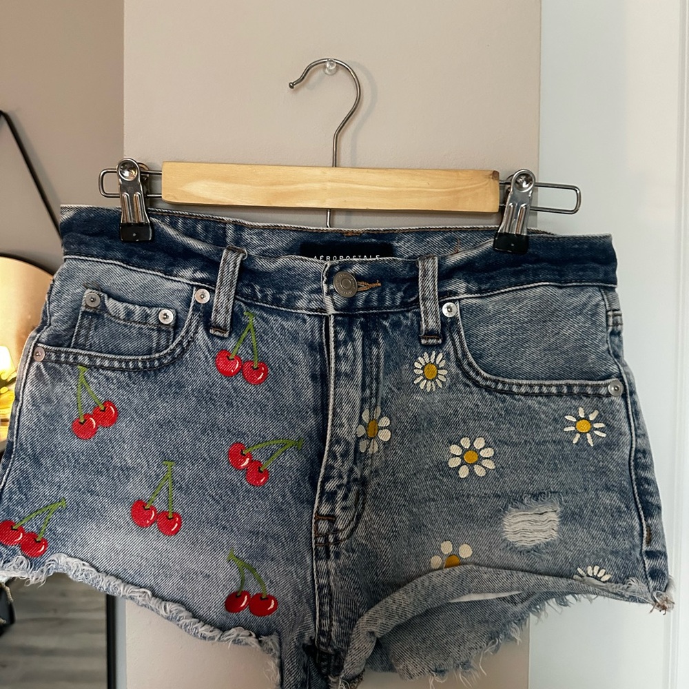 Aeropostale Blue Jean Shorts with Cherry and Daisy Embroidery